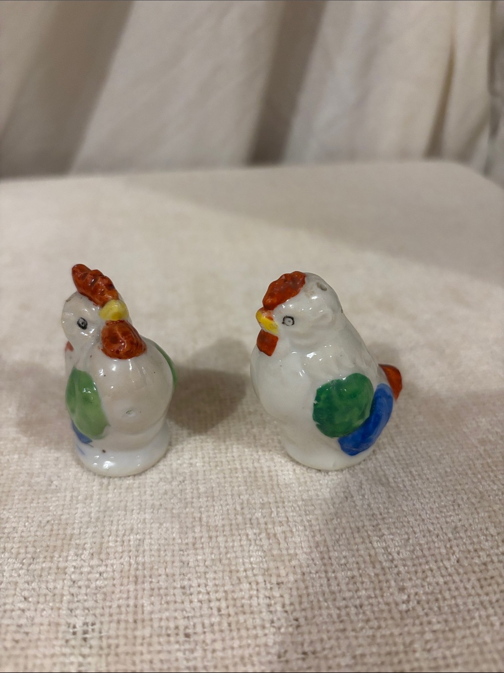 Hand-Painted Ceramic Chicken Salt & Pepper Shakers - White with Green & Blue